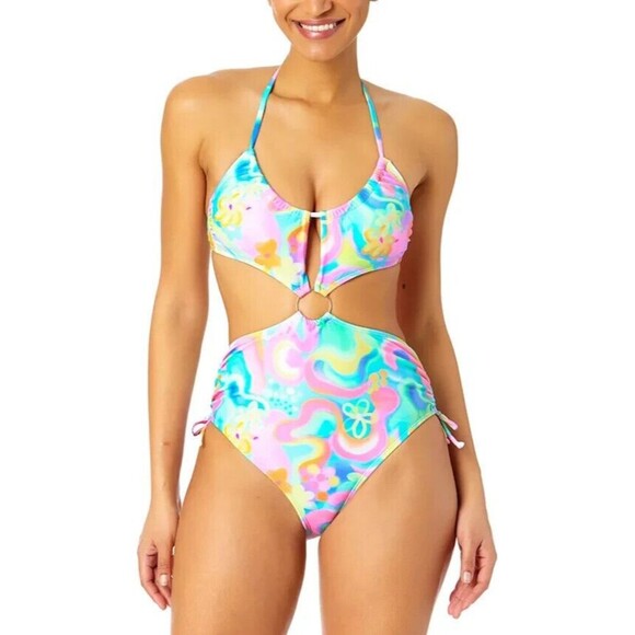 Salt + Cove Juniors' Ring-Waist Printed halter-neck Monokini Multicolor S - Picture 1 of 9